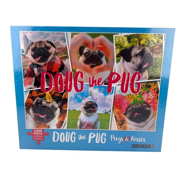 Doug the Pug "Pugs & Kisses" 1000 pc Jigsaw Puzzle Willow Creek Dogs Fun Humor - Picture 1 of 13